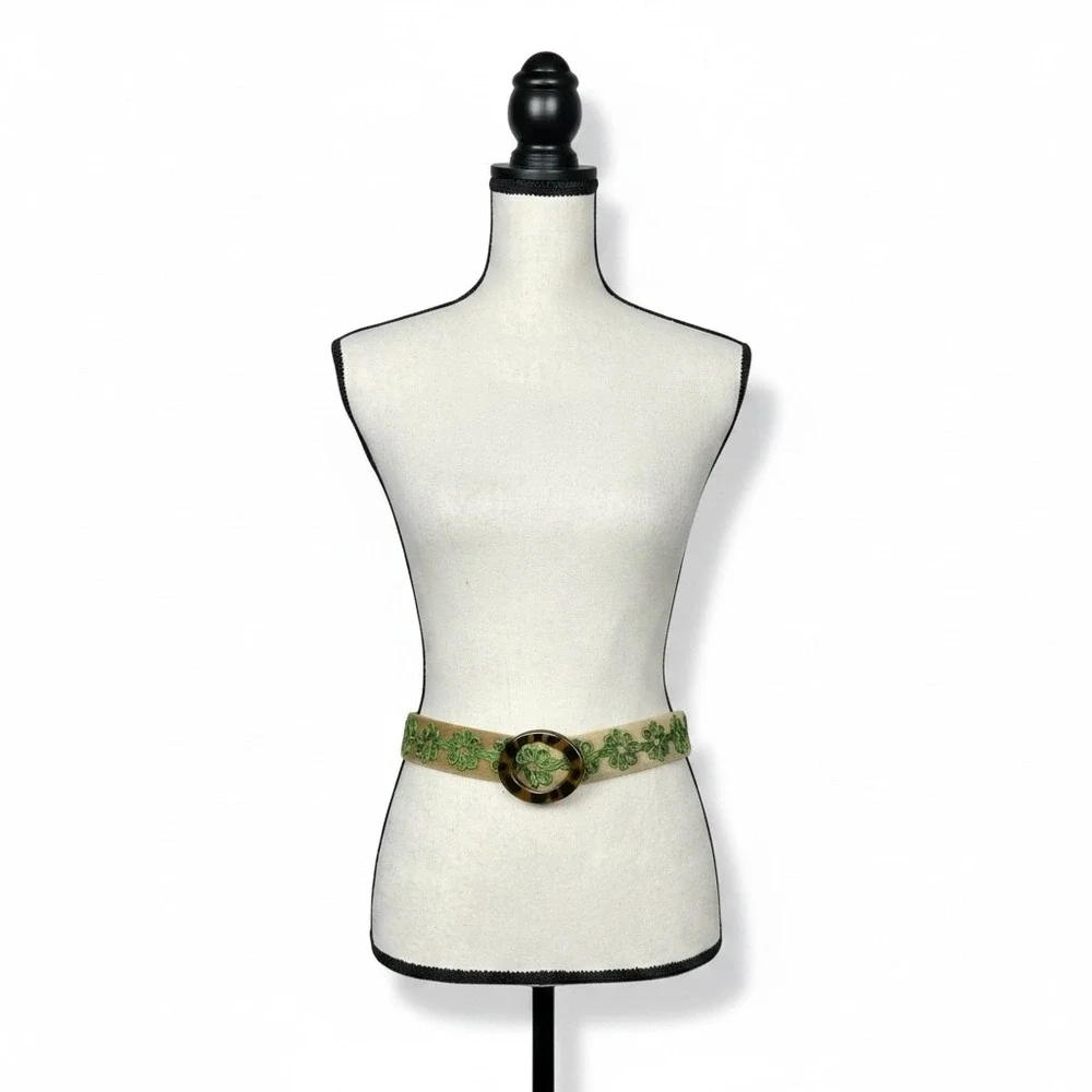 J. McLaughlin Womens Tan Velvet Belt Green Embroidery Tortoise Buckle S Preppy - Picture 8 of 9